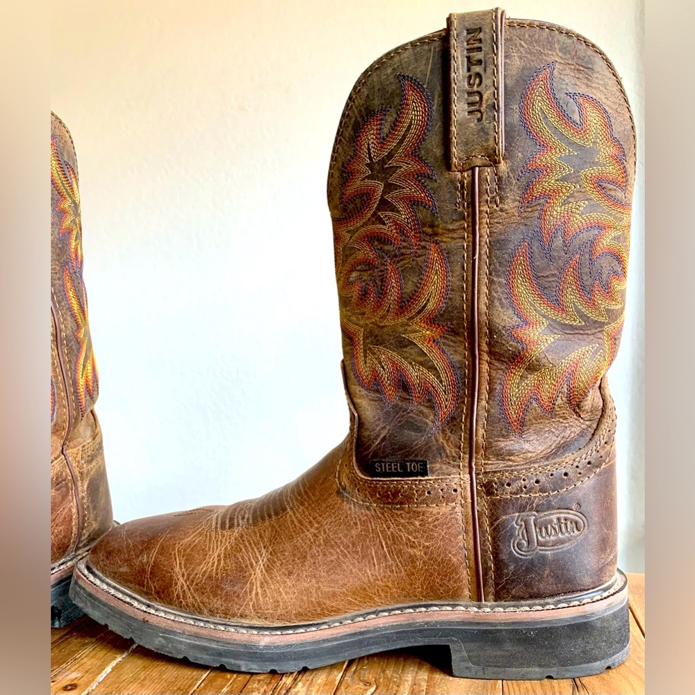 Justin Steel Toe Leather Cowboy Boots Size 9.5 Men’s Square Toe- worn 3 times